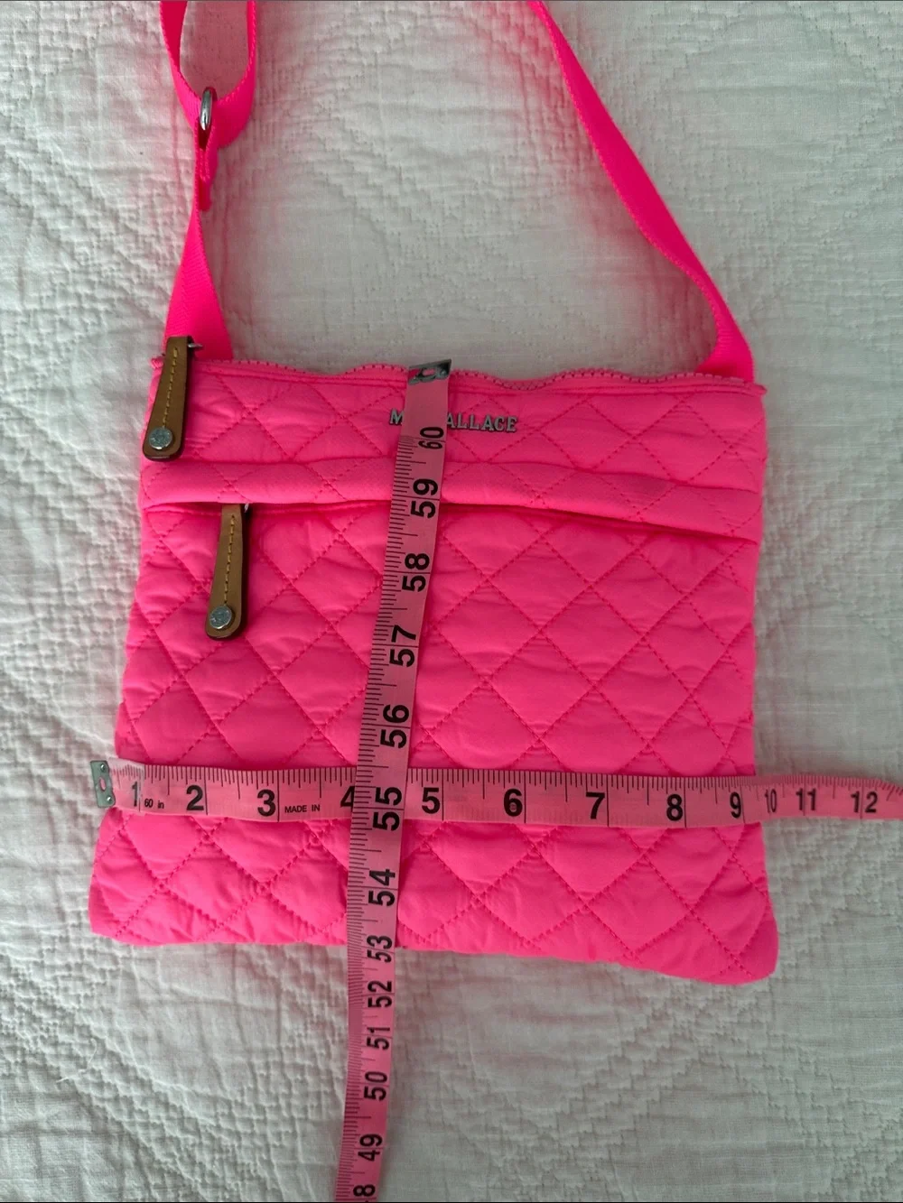 MZ Wallace Flat Metro Quilted Crossbody Bag Neon Hot Pink Italian Leather Accent